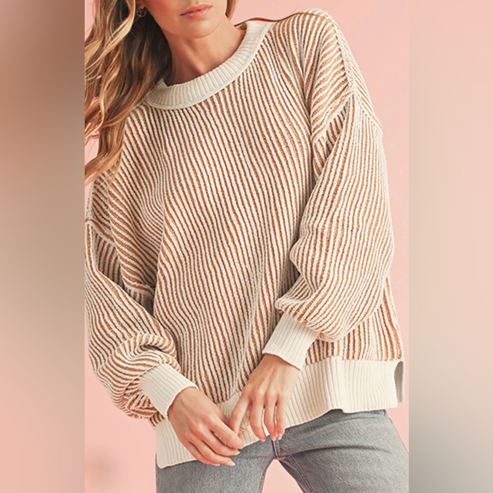 NWT [Altar'd State] Striped Oversized Ribbed Knit Pink Sweater Womens XXS XS S M - Picture 2 of 12